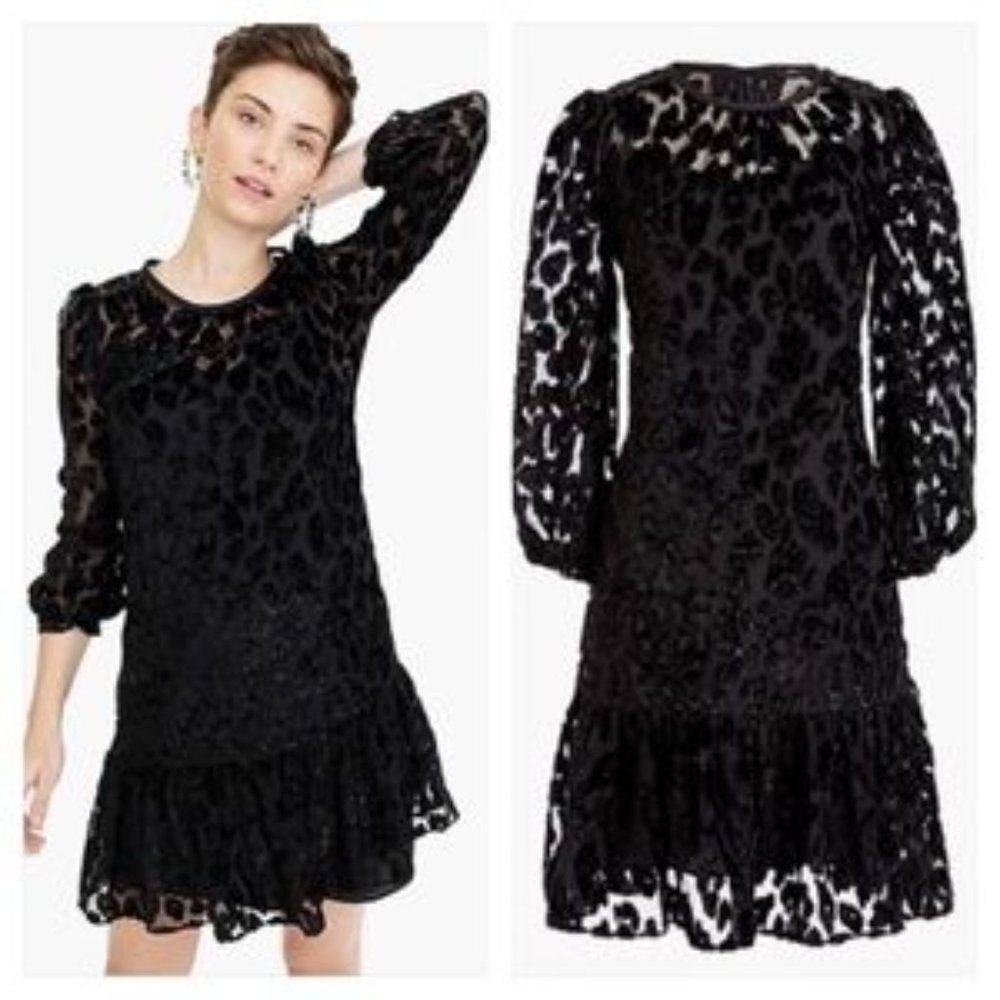 J.Crew Leopard Flutter Hem Burnout Velvet Dress In Black